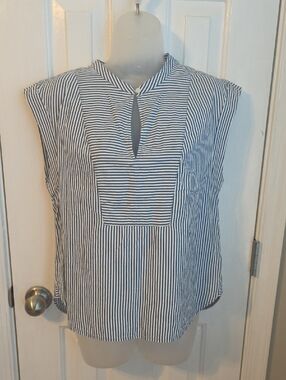 J. Crew Navy & White Striped Cap Sleeve Keyhole Top